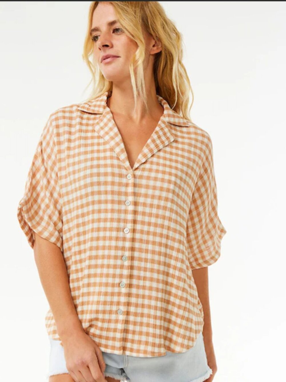 RIP CURL Premium Surf Check Light Brown Gingham Coastal Shirt